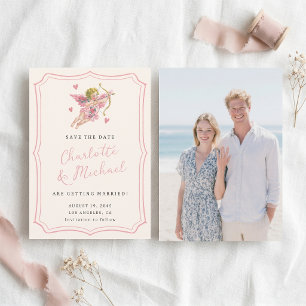 Hand Written Retro Cupid Cherub Pink Wedding Save The Date