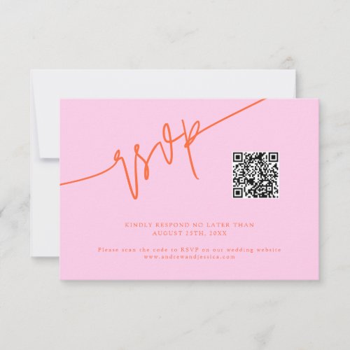 Hand Written Script Pink Orange Wedding QR Code RSVP Card