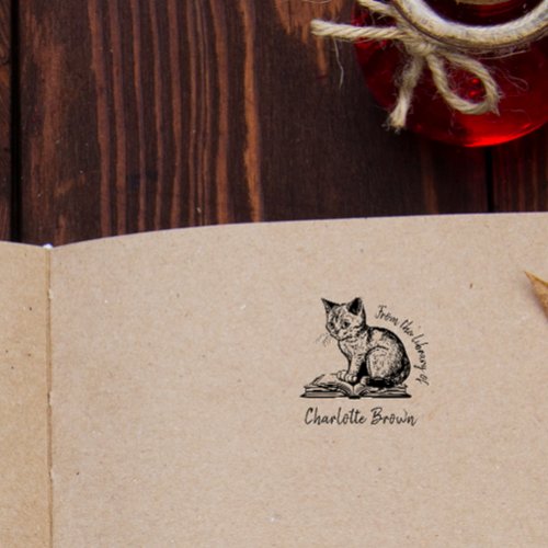 Hand_written Vintage Cat Custom Library Book Rubber Stamp