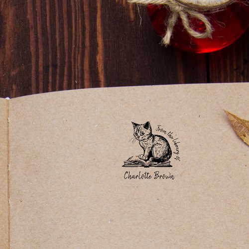 Hand_written Vintage Cat Custom Library Book Self_inking Stamp