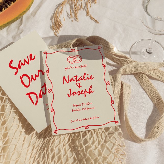 Hand-Written Vivid Red Retro Unique Quirky Wedding Save The Date (Creator Uploaded)