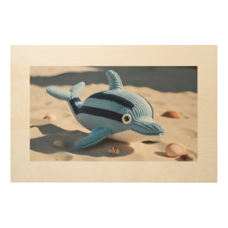 Handcrafted Blue Dolphin Plush on Sandy Beach Wood Wall Art