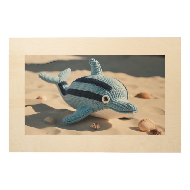 Handcrafted Blue Dolphin Plush on Sandy Beach Wood Wall Art (Front)