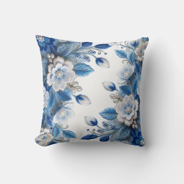 Handcrafted Blue Silk 3D Floral Embroidery Throw Pillow (Front)