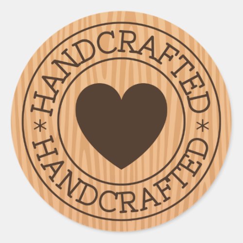 Handcrafted brown stamp with heart on wood design classic round sticker