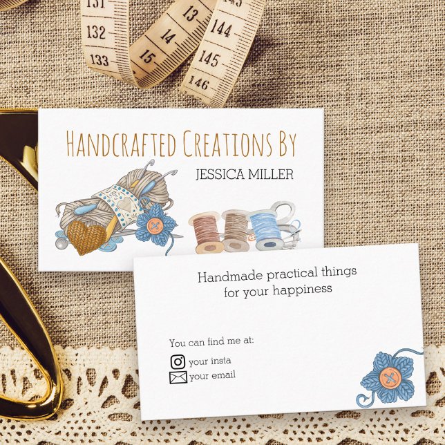 Handcrafted Creations Yarn and Sewing White Business Card (Handmade Creations Business Card - ideal for crafts inc. sewing, crochet, knitting ..)