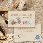 Handcrafted Creations Yarn Sewing Vintage Cream Business Card<br><div class="desc">Custom business cards for sellers of handcrafted goods, such as crochet, sewing, knitting .. The design features trendy skinny font typography for the wording "handcrafted creations by", which you can edit if you wish. It has a country style illustration of a skein of yarn, embellishments, buttons and knitting and crochet...</div>