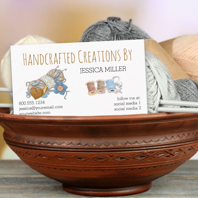 Handcrafted Creations Yarn Sewing White One Sided Business Card (Creator Uploaded)