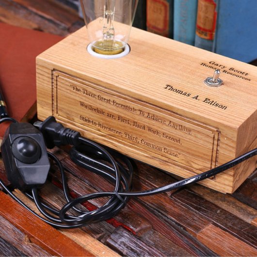 Handcrafted Engraved White Oak Wood Edison Lamp (Front Top)