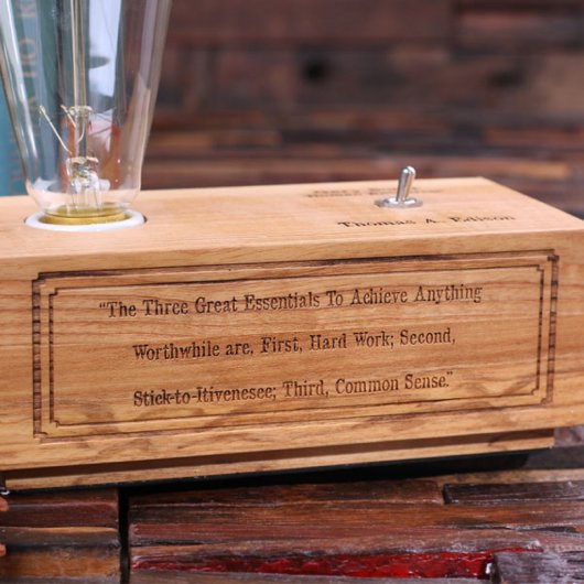 Handcrafted Engraved White Oak Wood Edison Lamp (Front)