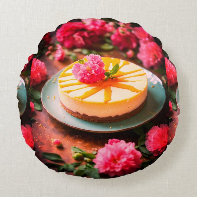 Handcrafted Floral Print Cake Round Pillow. Round Pillow (Front)