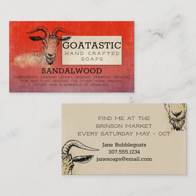 Handcrafted goats milk soap bath body sandalwood business card (Front/Back)
