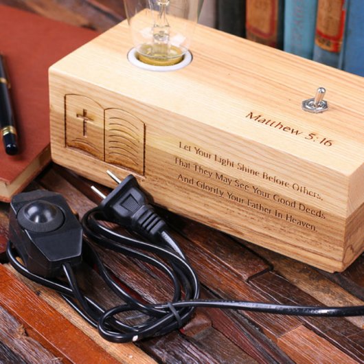 Handcrafted Open Bible White Oak Edison Lamp (Front Top)