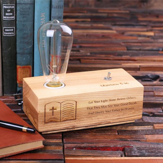 Handcrafted Open Bible White Oak Edison Lamp (Front)