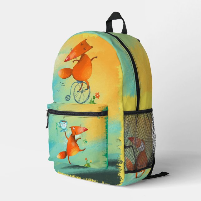 Handcrafted Watercolor Illustration Funny Fox Printed Backpack (Back Corner Right)