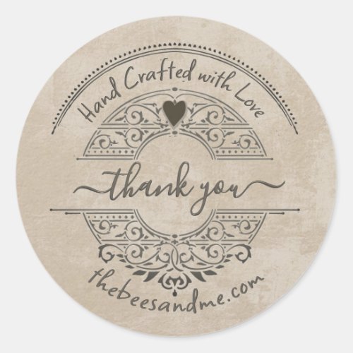 Handcrafted with Love French Country Kraft Heart   Classic Round Sticker