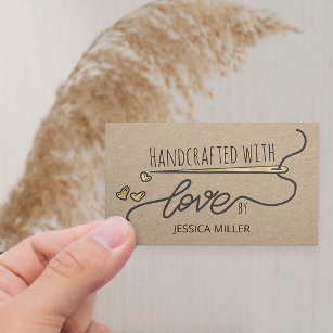 Handcrafted with Love Gold Sewing Needle Kraft Business Card