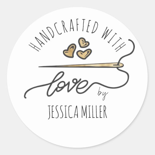 Handcrafted with Love Gold Sewing Needle White Classic Round Sticker