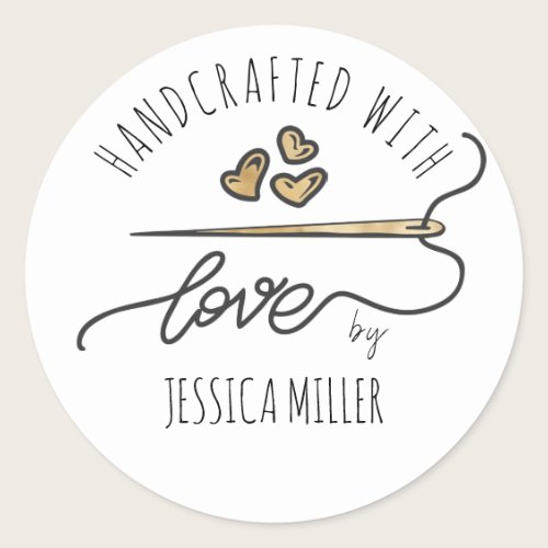 Handcrafted with Love Gold Sewing Needle White Classic Round Sticker