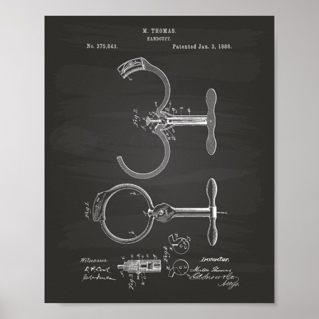 Handcuff 1888 Patent Art Chalkboard Poster (Front)