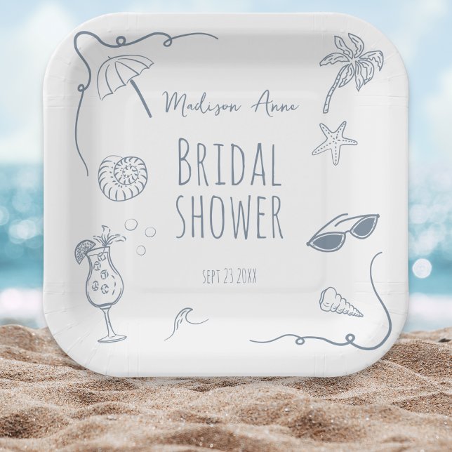 HandDrawn Beach Doodle Illustrations Bridal Shower Paper Plates (Creator Uploaded)