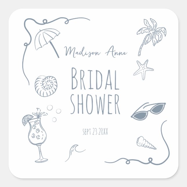 HandDrawn Beach Doodle Illustrations Bridal Shower Square Sticker (Front)