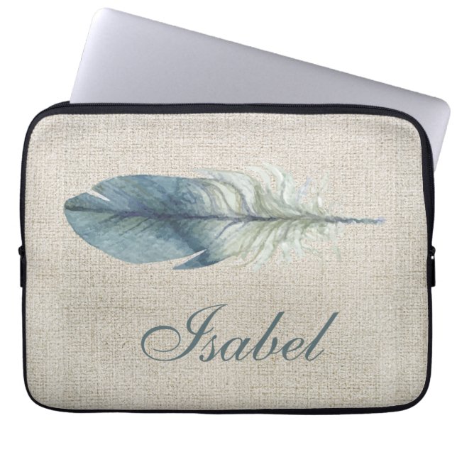 Handdrawn blue gray watercolor feather light beige laptop sleeve (Front)