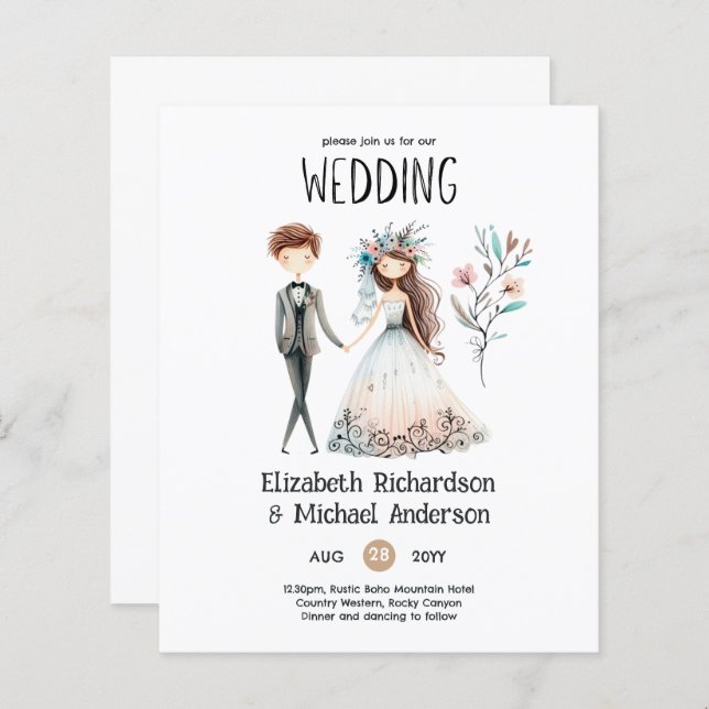 Handdrawn Boho Bride Groom Cute  Wedding Invites (Front/Back)