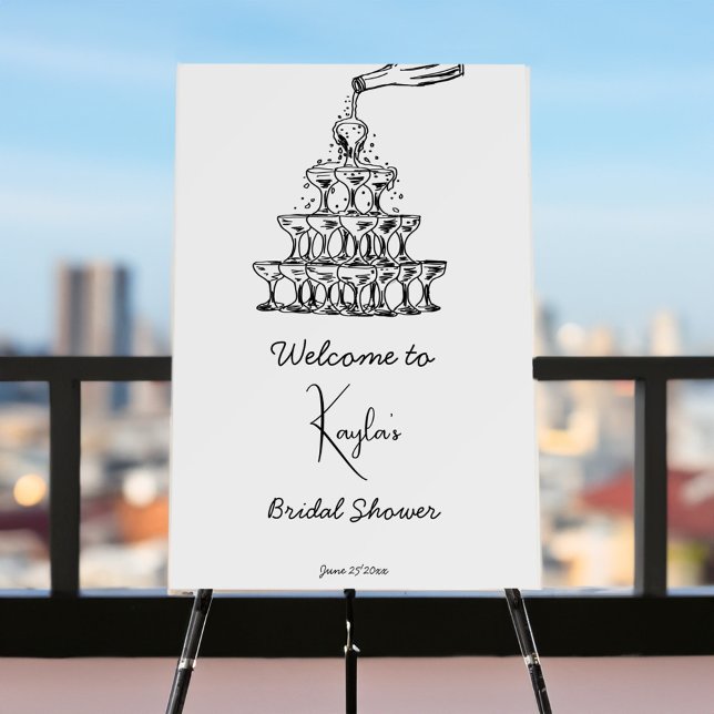 Handdrawn champagne tower bridal shower welcome foam board (Hand drawn scribble sketch champagne tower black and white bridal shower template welcome sign board)