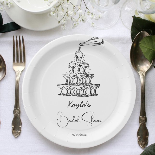 Handdrawn champagne tower minimalist bridal shower paper plates (Hand drawn scribble black and white champagne tower minimalist bridal shower template plates )