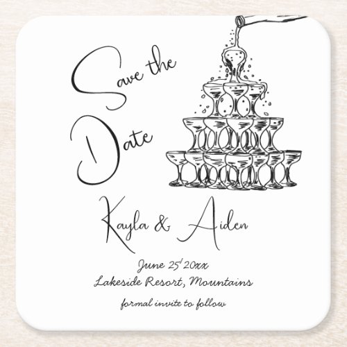 Handdrawn champagne tower minimalist save the date square paper coaster