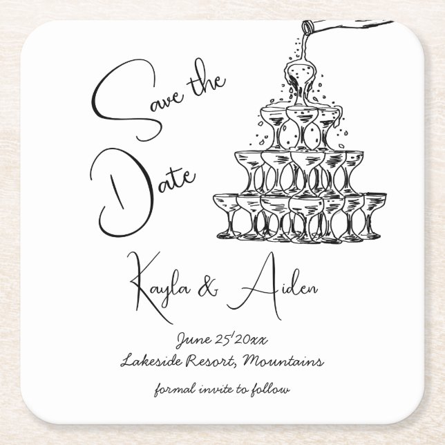 Handdrawn champagne tower minimalist save the date square paper coaster (Front)