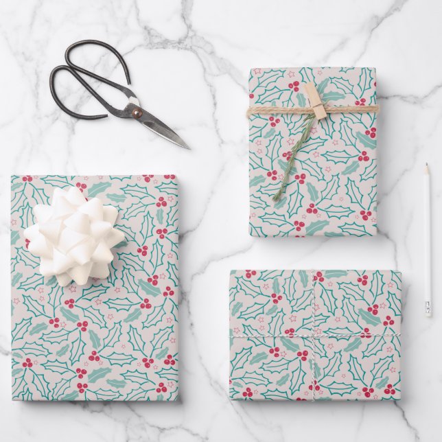 Handdrawn Christmas Holly Berries Red Green White Wrapping Paper Sheets (Front)