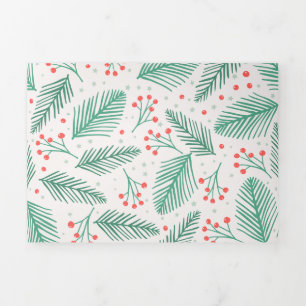 Handdrawn Christmas Pine Branches Green Red White Tri-Fold Holiday Card