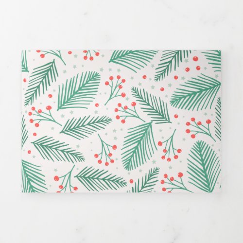 Handdrawn Christmas Pine Branches Green Red White Tri_Fold Holiday Card