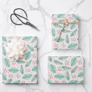 Handdrawn Christmas Pine Branches Green Red White Wrapping Paper Sheets