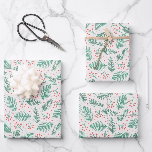 Handdrawn Christmas Pine Branches Green Red White Wrapping Paper Sheets (Front)