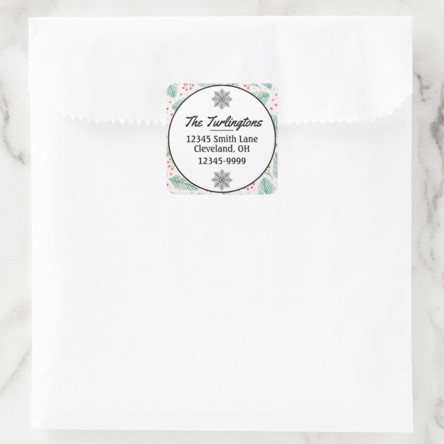 Handdrawn Christmas Pine Branches Return Address Square Sticker (Bag)