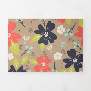 Handdrawn Christmas Poinsettia Red White Navy Tri-Fold Holiday Card