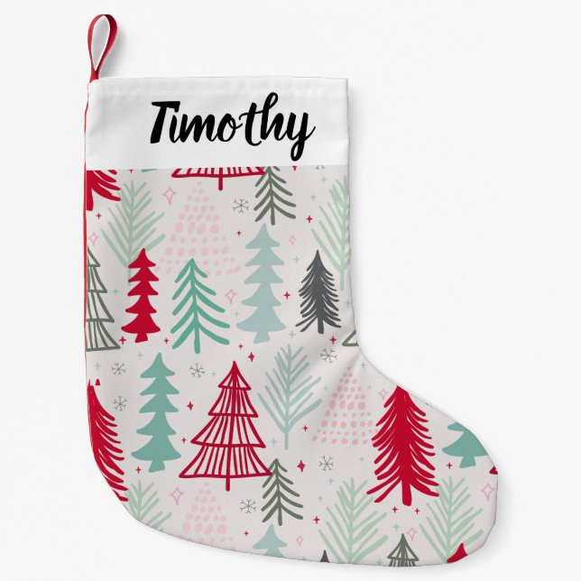 Handdrawn Christmas Trees Evergreen Pine Red Green Small Christmas Stocking (Front)