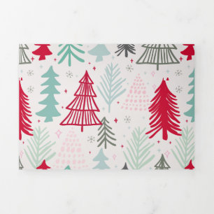 Handdrawn Christmas Trees Evergreen Pine Red Green Tri-Fold Holiday Card