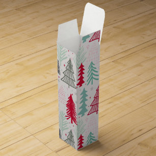 Handdrawn Christmas Trees Evergreen Pine Red Green Wine Box