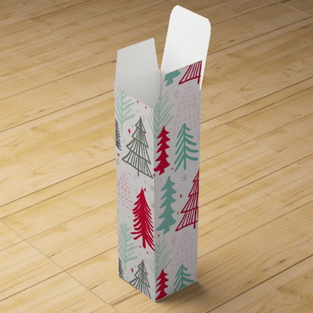 Handdrawn Christmas Trees Evergreen Pine Red Green Wine Box (Opened)