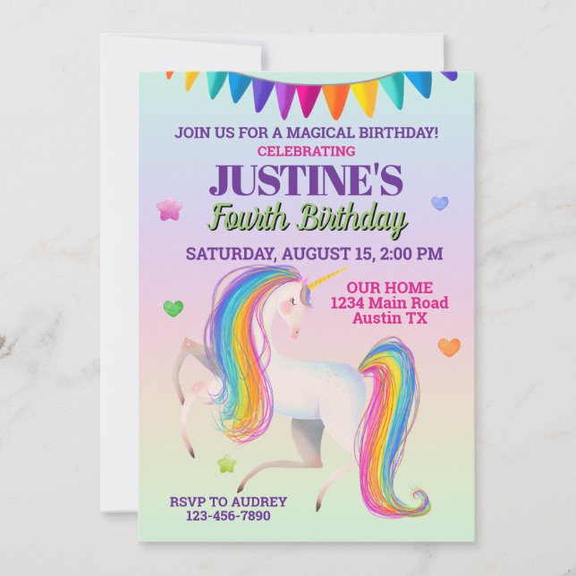 Handdrawn Colorful Magical Unicorn Birthday Invitation (Front)