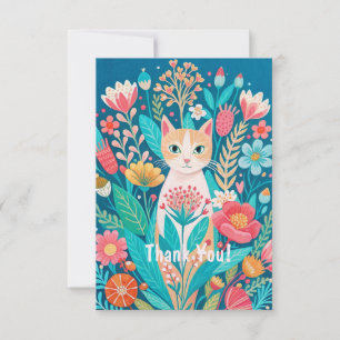 Handdrawn cute white cat and flowers thank you card