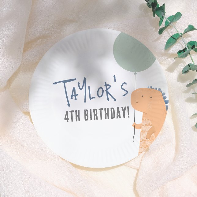Handdrawn Dinosaur & Balloon Boy Birthday Party Paper Plates (Creator Uploaded)