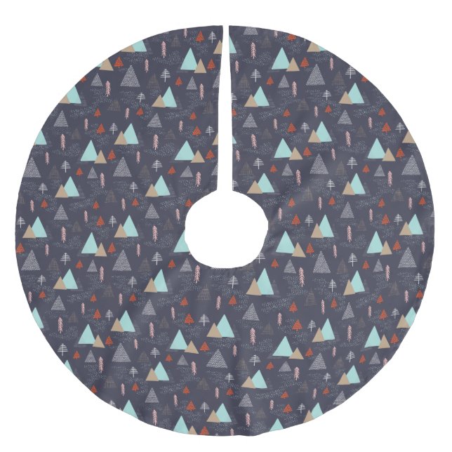 Handdrawn Evergreen Pine Trees in Snow at Night Brushed Polyester Tree Skirt (Front)