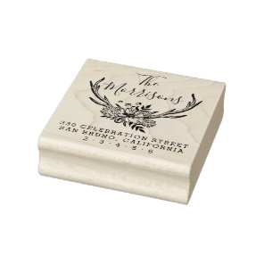 Handdrawn Floral Antlers Custom Return Address Rubber Stamp