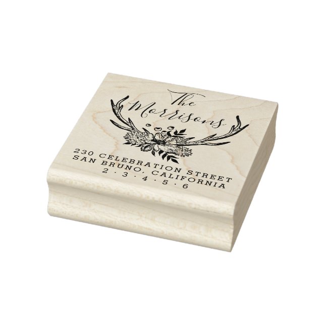 Handdrawn Floral Antlers Custom Return Address Rubber Stamp (Stamp)