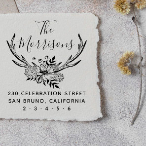Handdrawn Floral Antlers Custom Return Address Self-inking Stamp